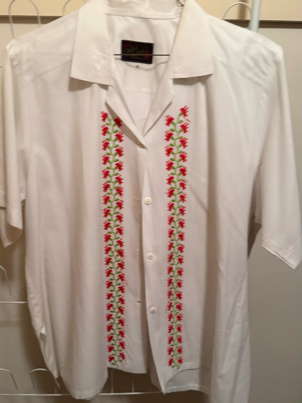 Men's White Short-Sleeve Embroidered Button-Down Shirt by Unknown Brand